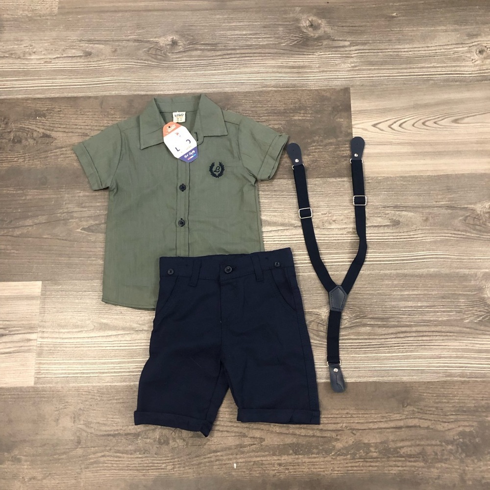 Lego Kids Wear Green Shirt and Navy Shorts Set with Suspenders 3T